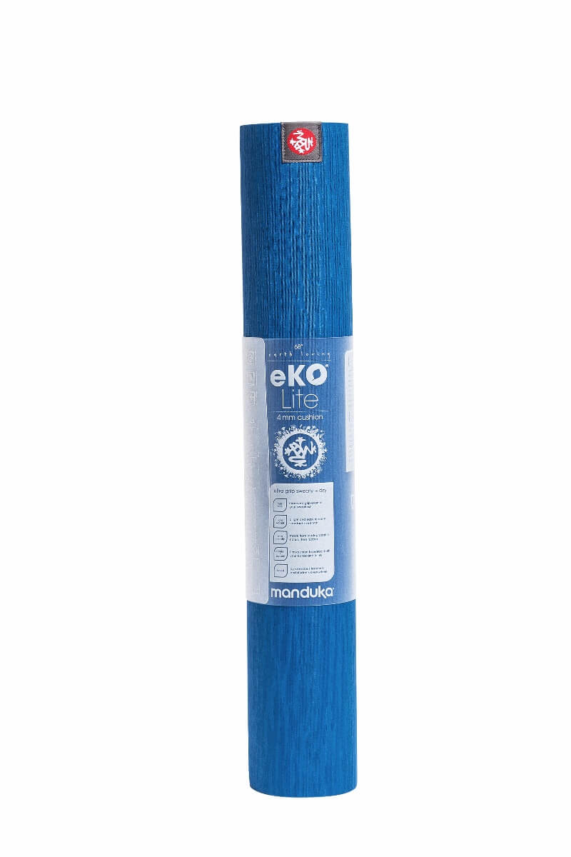 Manduka-eko-Lite-yoga-mat-4mm-Truth-Blue-rolled-up-package