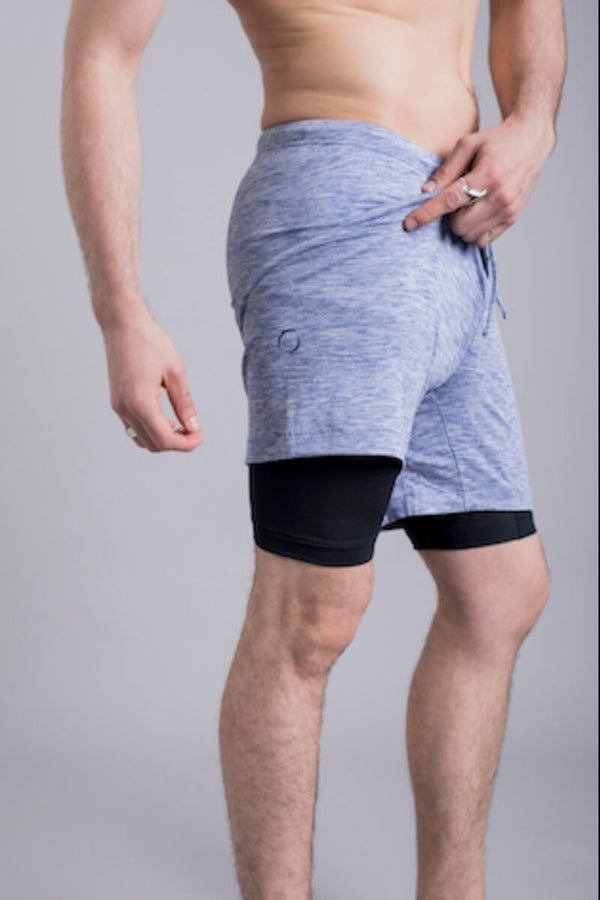 SEA YOGI // 2-Dogs Lined yoga shorts for men in blue by Ohmme, right side