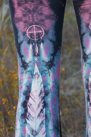 TEEKI EAGLE FEATHER BELL BOTTOMS IN PINK AND CLOSE UP IMAGE - Sea Yogi